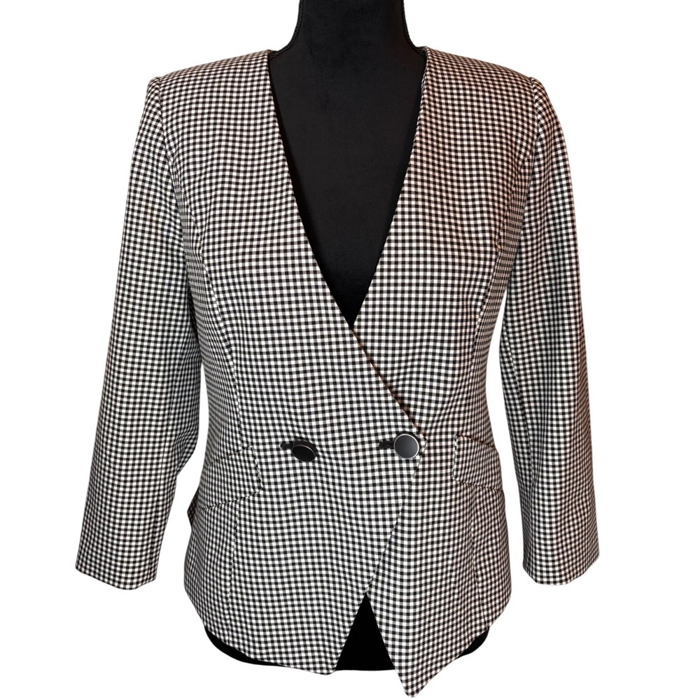 White House Black Market Gingham Blazer Women 10P Black White Collarless Check
